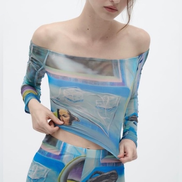 Zara limited edition larissa de Jesus negron print crop off shoulder mesh top - Picture 11 of 14